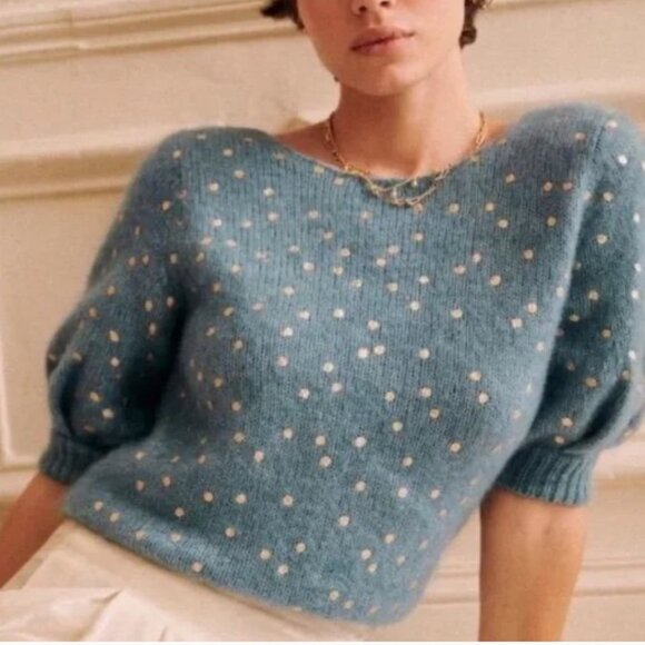 NWT Sezane Dolly Cardigan Blue/Gold Sweater Kid mohair French Casual - Picture 3 of 8